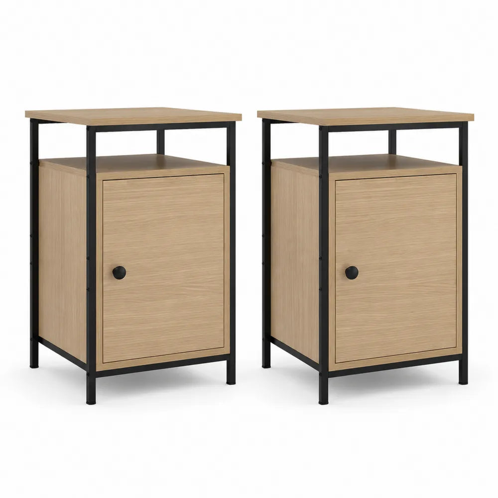 Tables de chevet set de 2 45 x 40 x 55 cm avec porte et niche ouverte structure métal noir et bois naturel