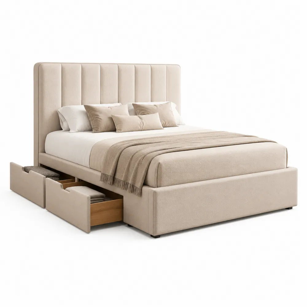 Lit coffre avec rangement 160 cm 200 cm tissu polyester microfibre beige MDF structure bois sommier à lattes avec tiroirs latéraux