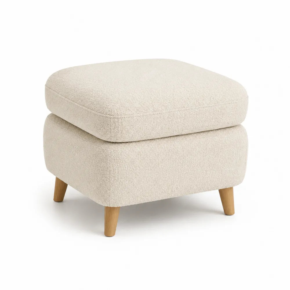 Repose-pieds pouf rembourré tissu bouclé beige pieds bois massif forme carrée