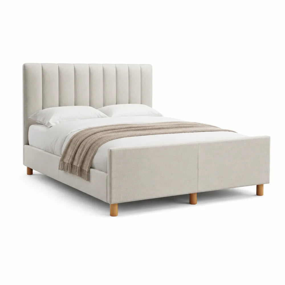 Lit double 160 x 200 cm cadre de lit rembourré MDF bois et polyester beige tête de lit à panneaux verticaux pieds en bois naturel 216 x 172 x 112 cm
