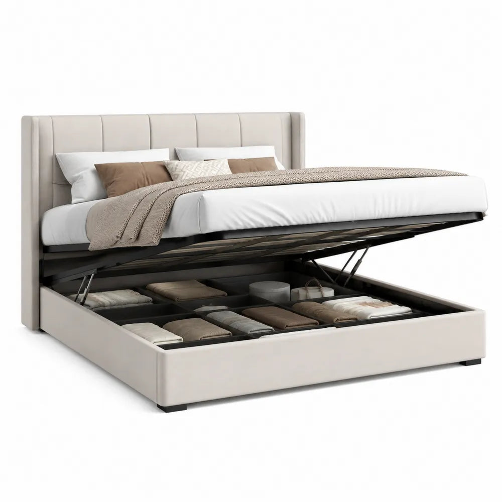Lit coffre 160 x 200 cm avec tête de lit capitonnée MDF acier revêtement polyester beige base noire structure relevable rangement intégré