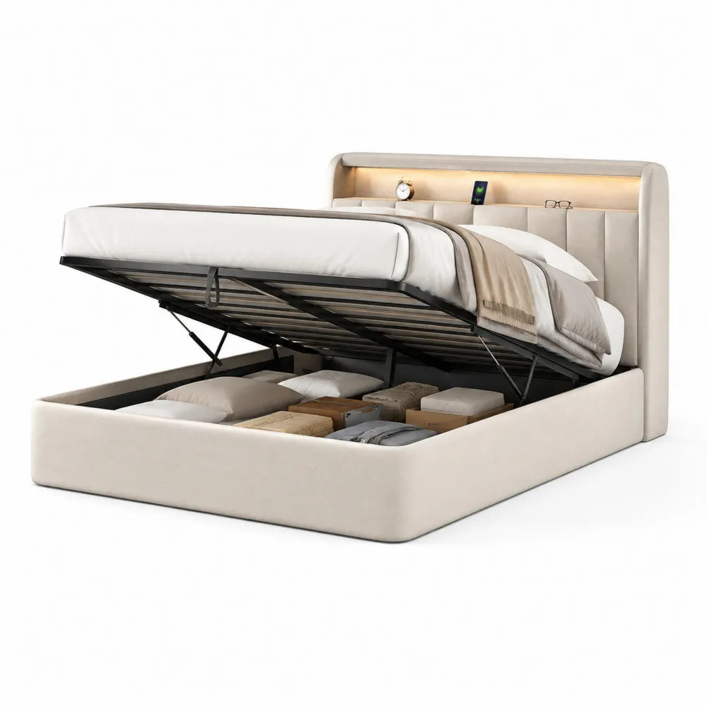 Lit coffre 160 cm 200 cm avec relevage hydraulique tête de lit LED structure MDF revêtement polyester beige sommier lattes acier