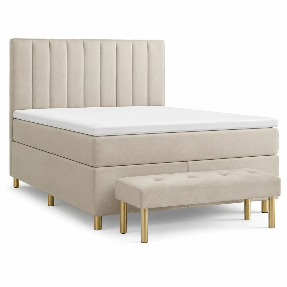 lit double 160 x 200 cm cadre de lit rembourré tissu polyester beige tête de lit à panneaux verticaux pieds métal doré avec banc assorti