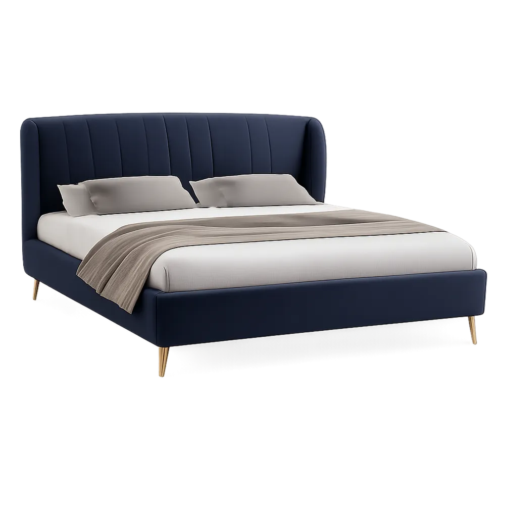lit adulte 160 cm x 200 cm cadre rembourré velours polyester bleu marine tête capitonnée verticale pieds métal doré