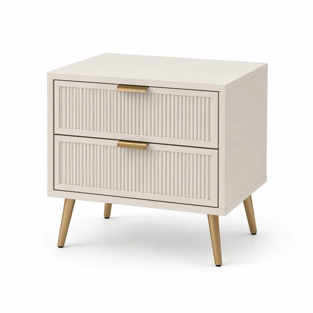 Table de chevet 55 cm x 40 cm x 58 cm 2 tiroirs MDF blanc cassé façade cannelée pieds métal doré