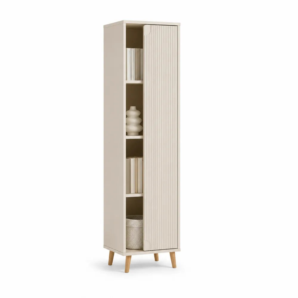 Armoire étagère 50 cm x 40 cm x 180 cm MDF beige porte rainurée niches ouvertes pieds bois massif