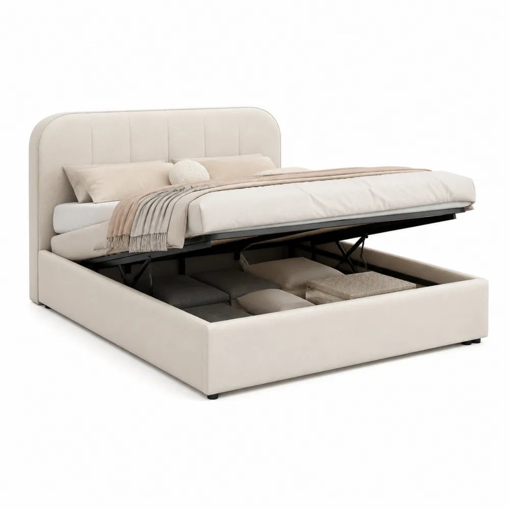 lit coffre 160 x 200 cm lit double relevage hydraulique rangement intégré tête de lit rembourrée structure MDF acier revêtement microfibre polyester beige sommier à lattes