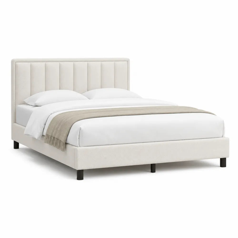 lit double 160 cm x 200 cm cadre rembourré tissu polyester beige tête de lit à panneaux verticaux pieds cylindriques en métal noir