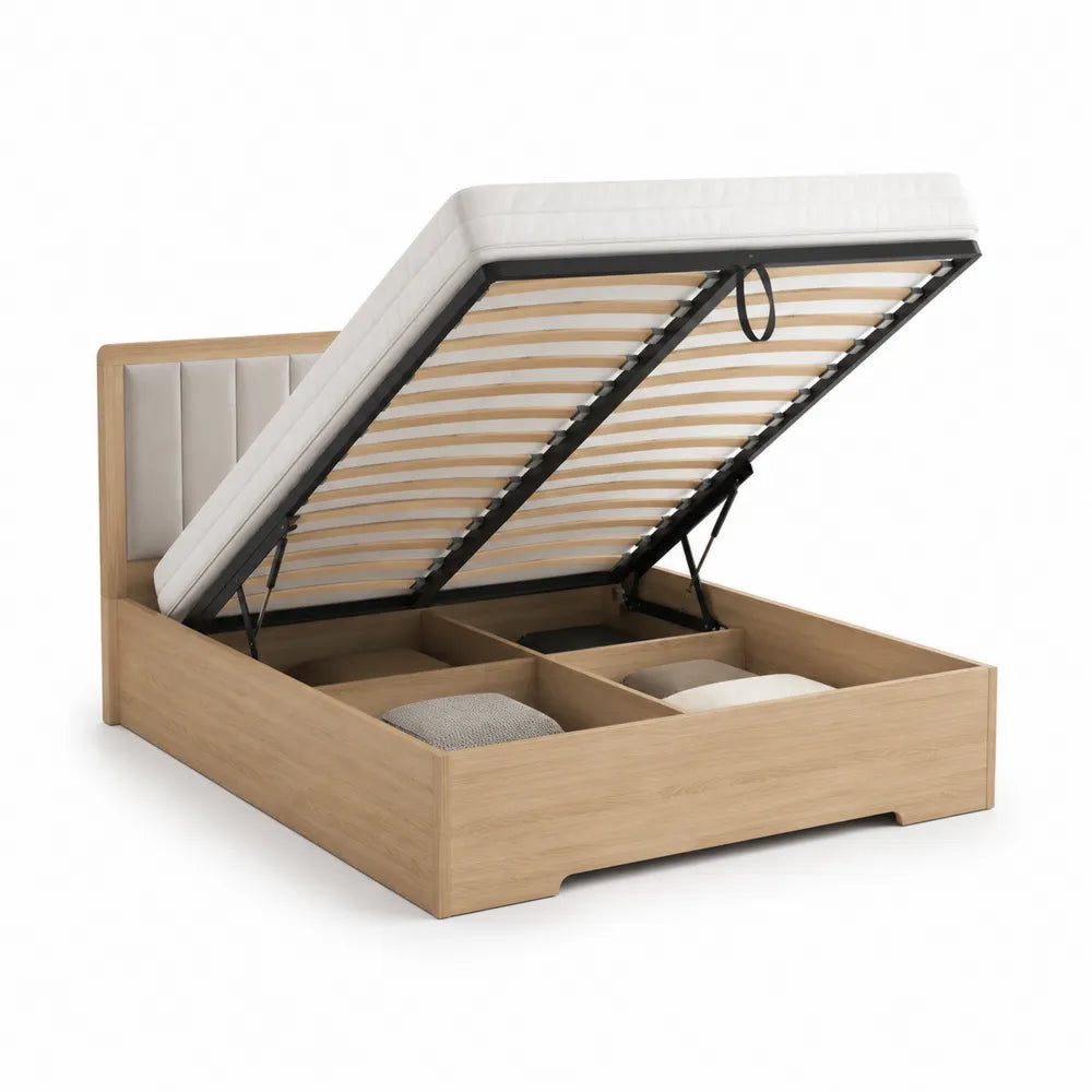 Lit coffre 160 x 200 cm avec rangement bois décor chêne clair MDF tête de lit capitonnée beige sommier relevable acier et lattes bois