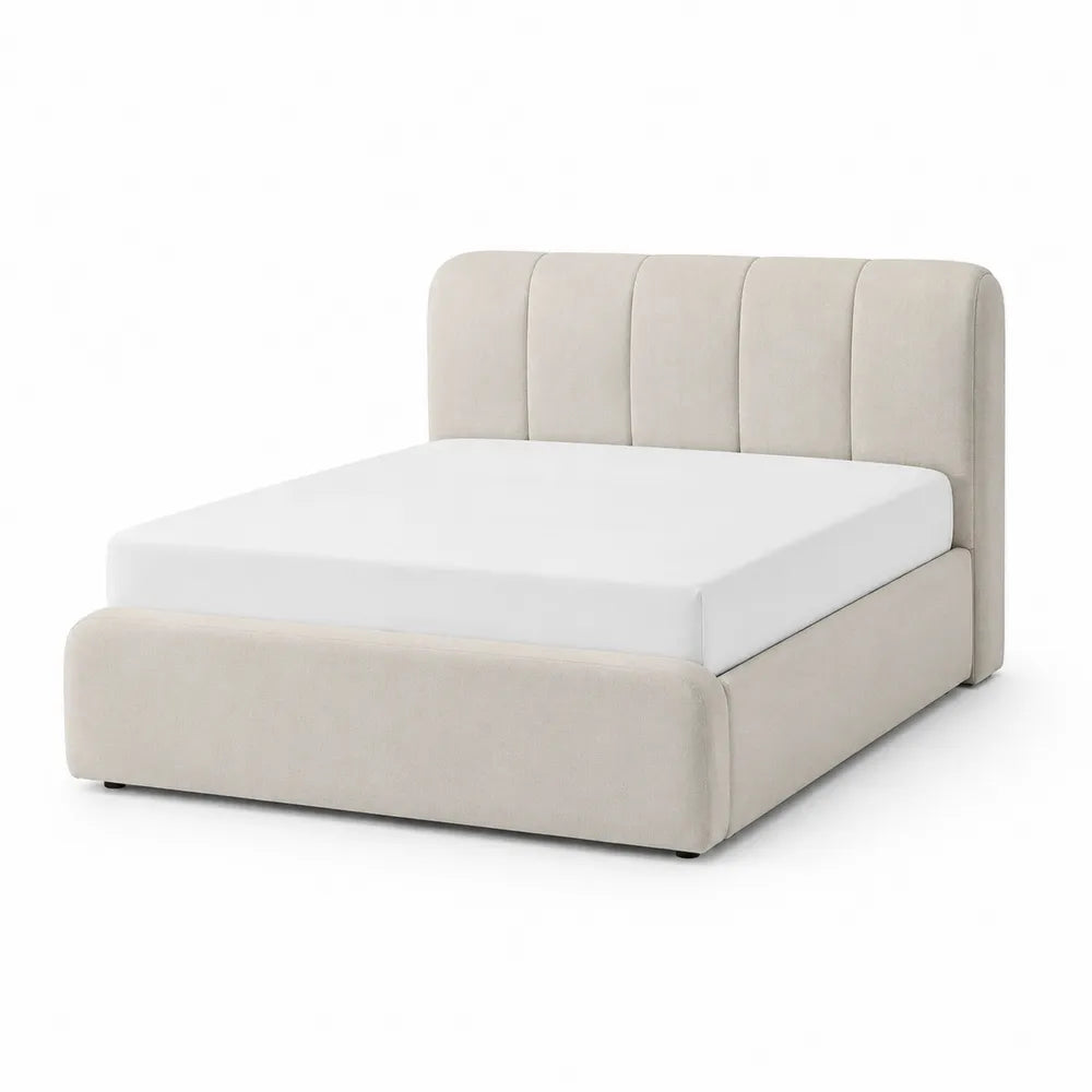 Lit plateforme 160 x 200 cm tête de lit incurvée à rainures verticales tissu polyester beige structure bois MDF pieds bois foncé