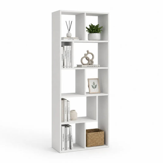 Bibliothèque étagère 70 x 30 x 180 cm en panneau MDF blanc à compartiments ouverts design asymétrique