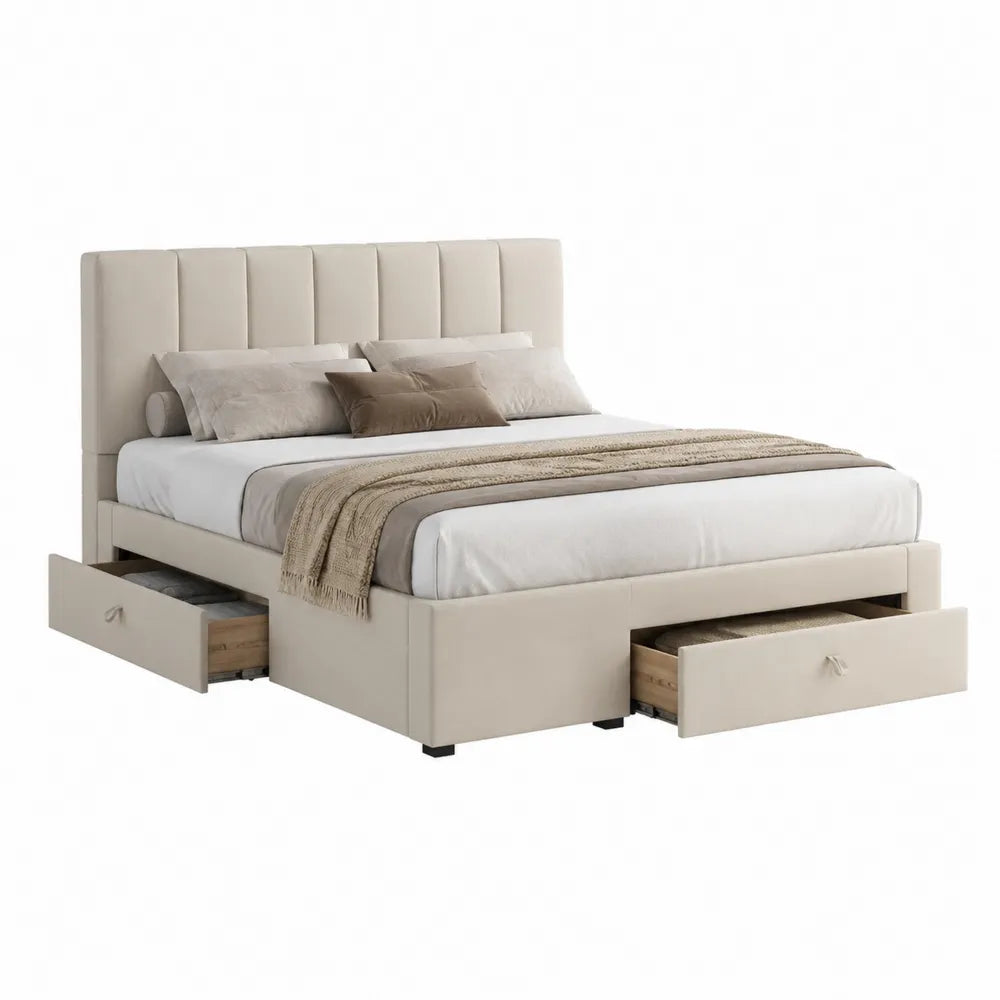 Lit double avec rangements 160 cm 200 cm structure MDF revêtement tissu polyester beige tête de lit capitonnée tiroirs latéraux