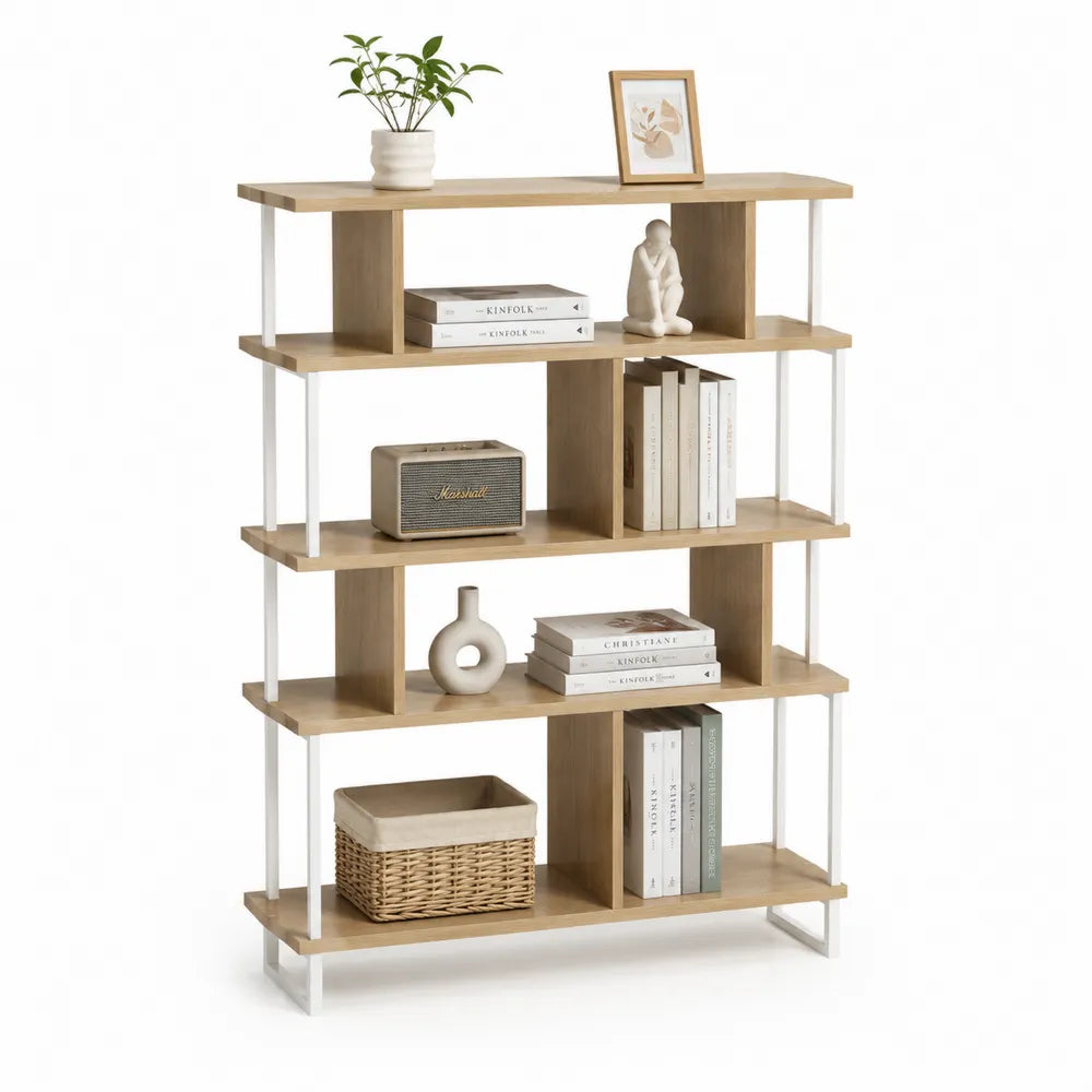 Étagère bibliothèque ouverte 120 cm x 30 cm x 180 cm 4 niveaux structure acier blanc MDF effet chêne clair