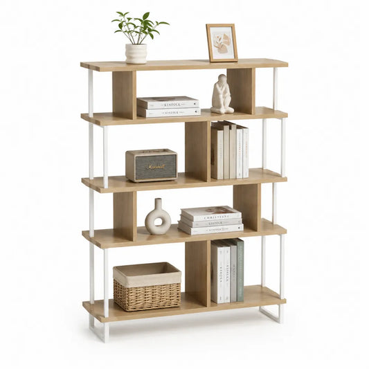 Étagère bibliothèque ouverte 120 cm x 30 cm x 180 cm 4 niveaux structure acier blanc MDF effet chêne clair