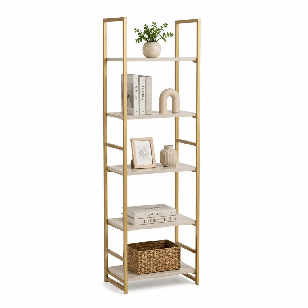 Étagère bibliothèque 5 niveaux structure acier doré tablettes MDF beige 170 cm x 60 cm x 30 cm