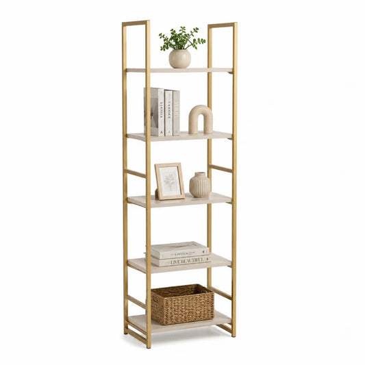 Étagère bibliothèque 5 niveaux structure acier doré tablettes MDF beige 170 cm x 60 cm x 30 cm