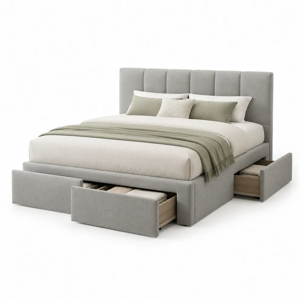 Lit coffre avec rangement 160 x 200 cm structure MDF revêtement tissu polyester tête de lit rembourrée gris avec tiroirs intégrés