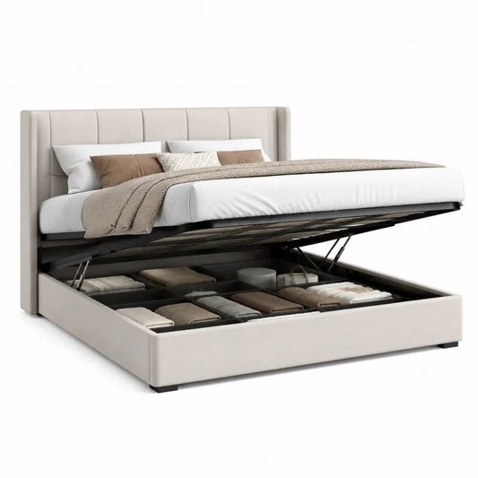 Lit coffre 160 x 200 cm avec tête de lit capitonnée MDF acier revêtement polyester beige base noire structure relevable rangement intégré
