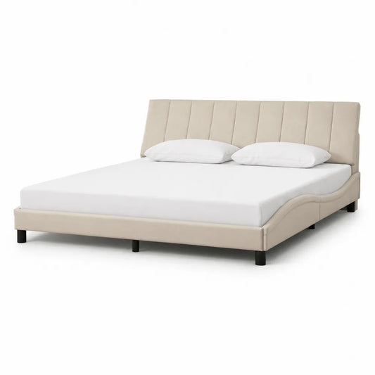 Lit double rembourré tête de lit capitonnée structure MDF bois revêtement tissu polyester beige pieds cylindriques noirs