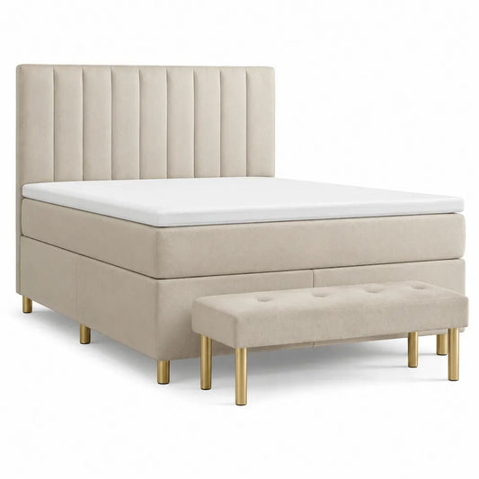 lit double 160 x 200 cm cadre de lit rembourré tissu polyester beige tête de lit à panneaux verticaux pieds métal doré avec banc assorti