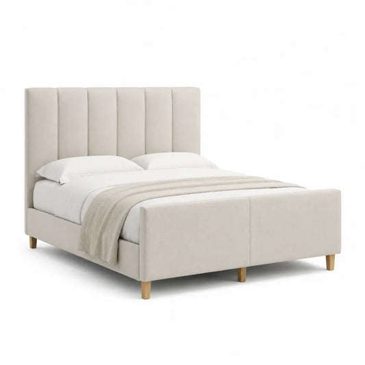 Lit double 160 x 200 cm cadre de lit rembourré tissu polyester beige tête de lit à panneaux verticaux pieds en bois naturel structure MDF et bois massif