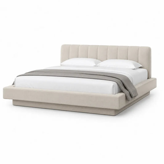 Lit plateforme adulte 160 x 200 cm cadre rembourré rectangulaire MDF acier polyester beige 222 x 178 x 104 cm