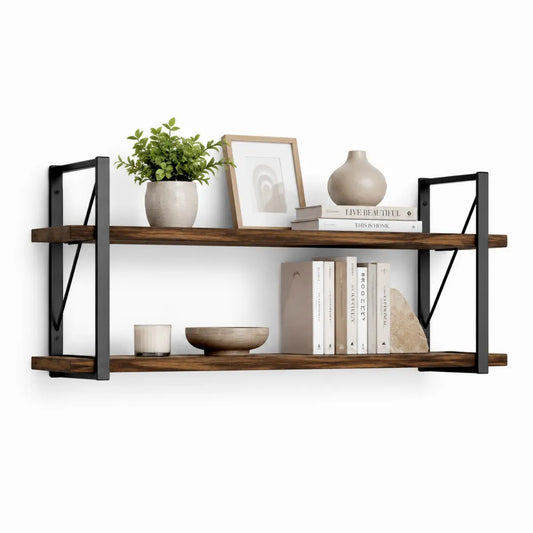 Étagère murale 2 niveaux bois massif pin teinté noyer et supports acier noir 120 cm x 25 cm x 55 cm