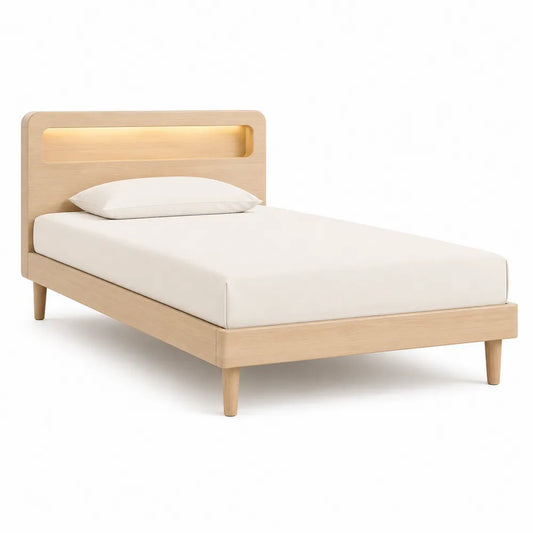lit une place 90 cm x 200 cm cadre MDF plaqué chêne clair tête de lit avec niche LED bois massif pieds coniques bois naturel