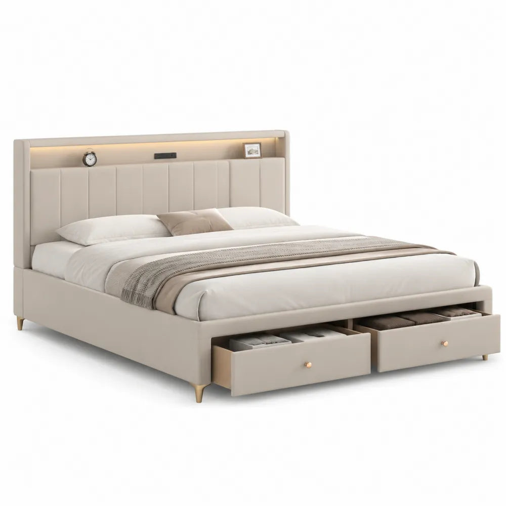 Lit avec rangement 160 cm 200 cm tissu polyester beige MDF tête de lit LED sommier à lattes avec 2 tiroirs frontaux