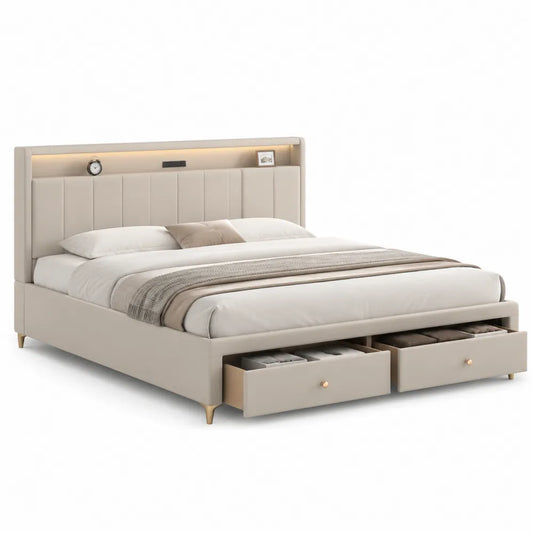 Lit avec rangement 160 cm 200 cm tissu polyester beige MDF tête de lit LED sommier à lattes avec 2 tiroirs frontaux