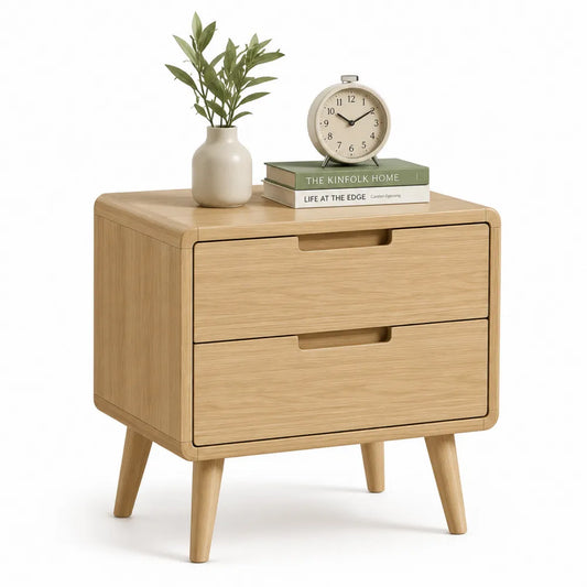 table de chevet 2 tiroirs 50 cm x 40 cm x 55 cm bois MDF et chêne clair design arrondi pieds bois massif
