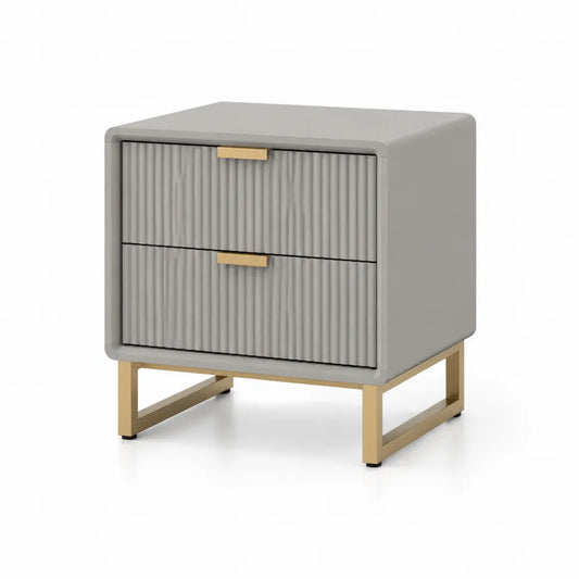 Table de chevet 50 x 40 x 55 cm à 2 tiroirs façades cannelées MDF peint gris taupe piètement en acier finition dorée