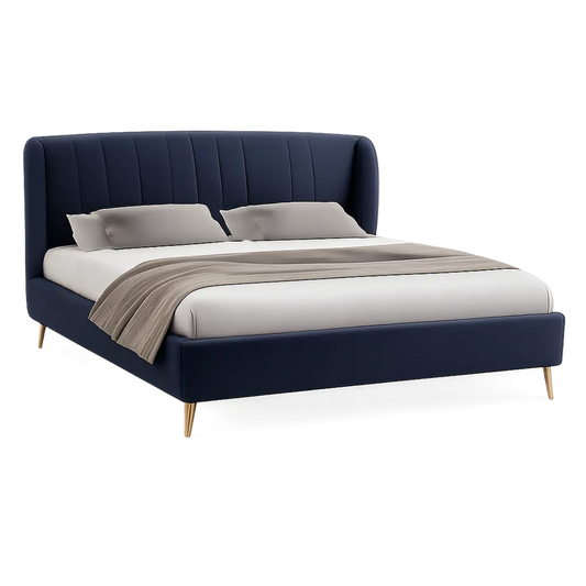 lit adulte 160 cm x 200 cm cadre rembourré velours polyester bleu marine tête capitonnée verticale pieds métal doré