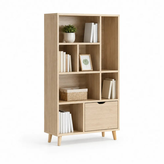 bibliothèque avec tiroir 80 cm x 30 cm x 160 cm MDF décor chêne clair étagères ouvertes et rangement bas tiroir pieds bois massif