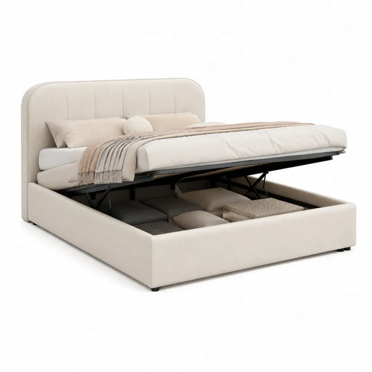 lit coffre 160 x 200 cm lit double relevage hydraulique rangement intégré tête de lit rembourrée structure MDF acier revêtement microfibre polyester beige sommier à lattes