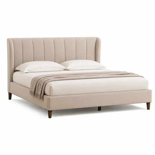 Lit plateforme 160 x 200 cm tête de lit capitonnée à rainures verticales bords arrondis tissu polyester beige structure bois MDF pieds bois foncé
