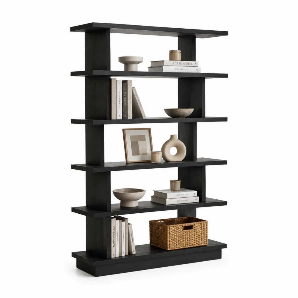 Bibliothèque étagère ouverte 120 x 30 x 180 cm en panneau MDF noir design asymétrique multi-niveaux