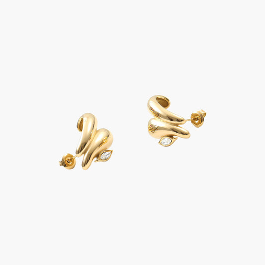 Gold Eye Zircon Hoop Earrings – Sculptural Double Curve Design