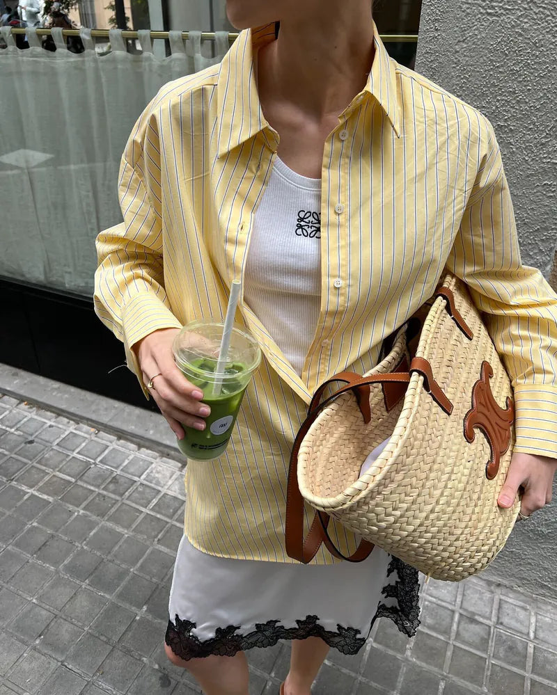 Women’s Striped Button-Up Shirt | Loose Fit Turn-Down Collar Blouse