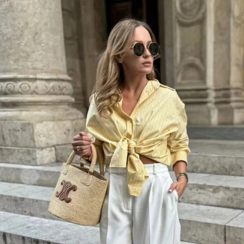 Women’s Striped Button-Up Shirt | Loose Fit Turn-Down Collar Blouse