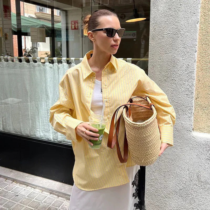 Women’s Striped Button-Up Shirt | Loose Fit Turn-Down Collar Blouse