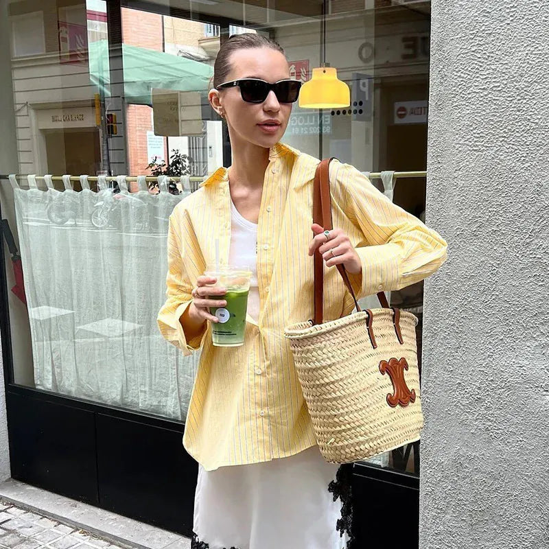 Women’s Striped Button-Up Shirt | Loose Fit Turn-Down Collar Blouse