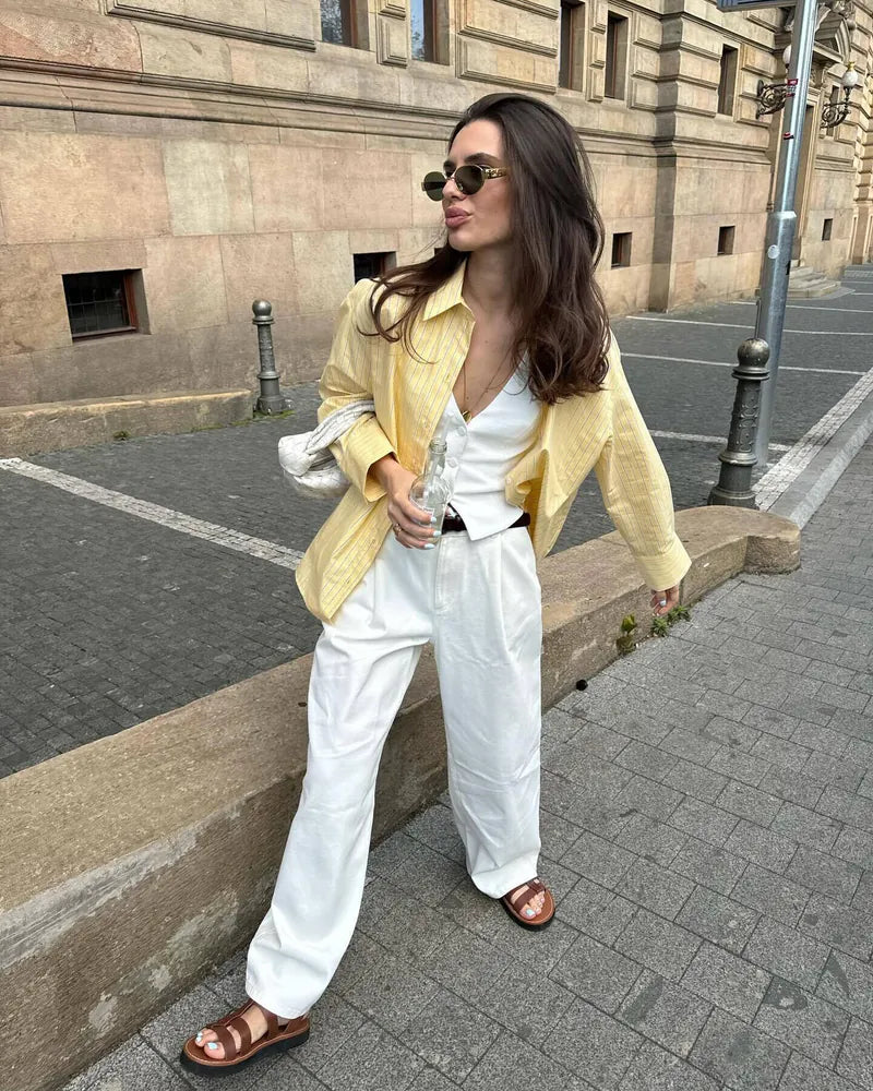 Women’s Striped Button-Up Shirt | Loose Fit Turn-Down Collar Blouse