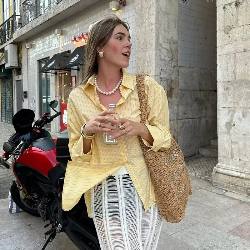 Women’s Striped Button-Up Shirt | Loose Fit Turn-Down Collar Blouse