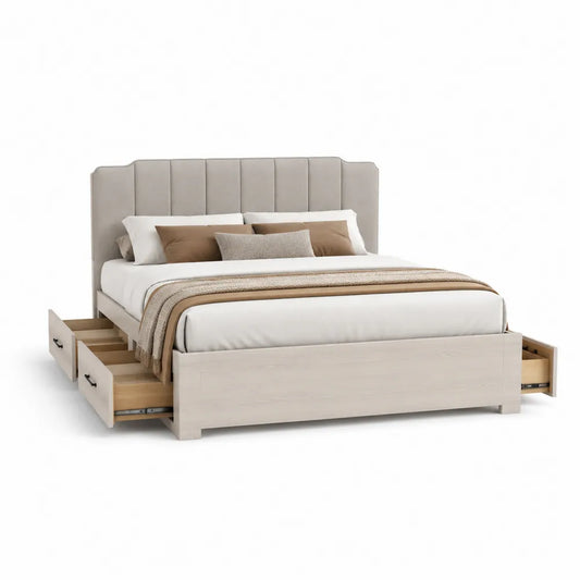 Lit avec rangement à tiroirs 160 cm 200 cm structure MDF décor chêne beige tissu polyester tête de lit capitonnée