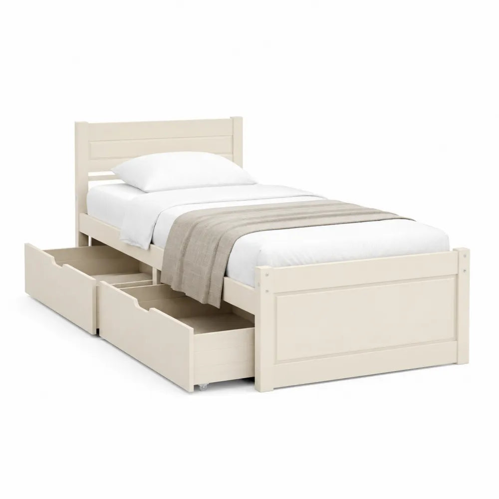 Lit simple 90 x 200 cm cadre de lit avec tiroirs de rangement tête de lit panneau bois MDF finition beige blanc crème