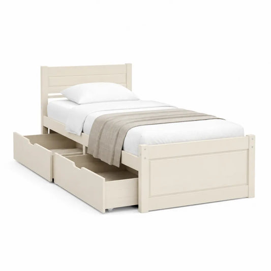 Lit simple 90 x 200 cm cadre de lit avec tiroirs de rangement tête de lit panneau bois MDF finition beige blanc crème