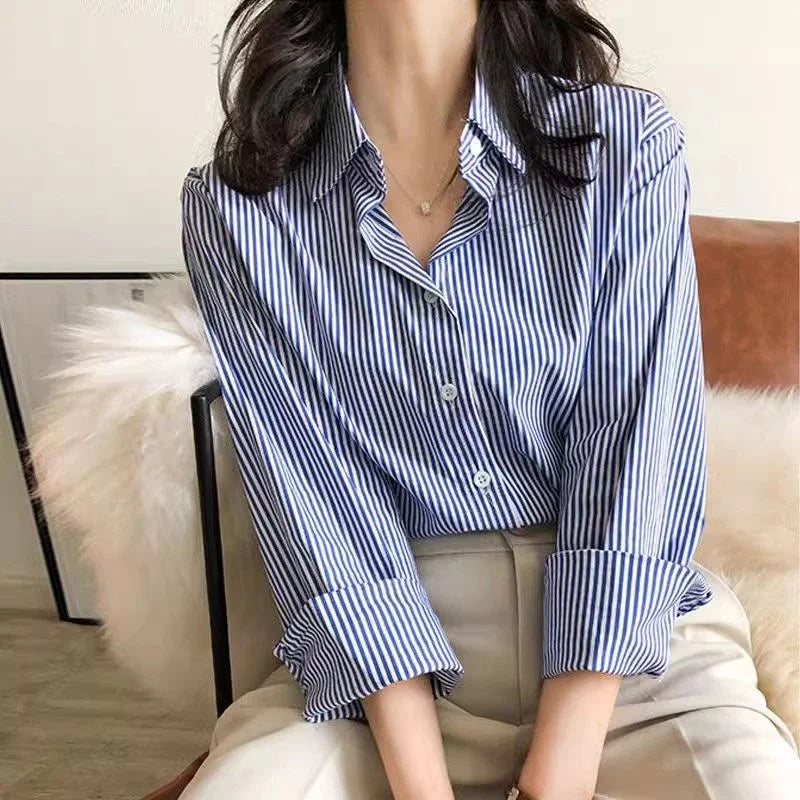 Women’s Striped Blouse | Lantern Sleeve Stand Collar Shirt