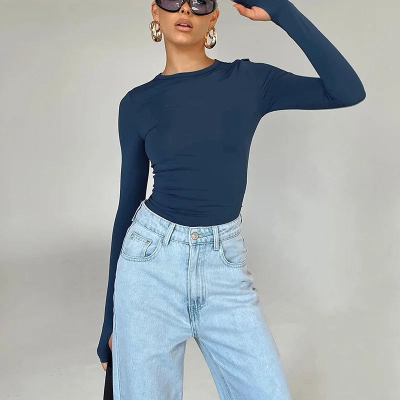 Women’s Long Sleeve Crop Top | Slim Fit Crew Neck T-Shirt with Thumb Holes