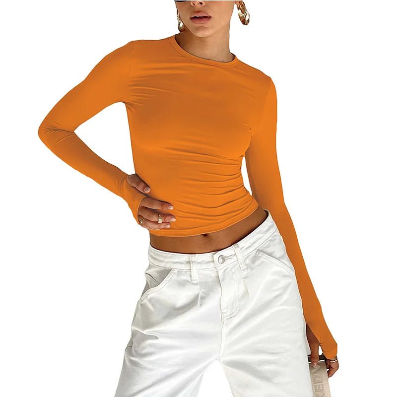 Women’s Long Sleeve Crop Top | Slim Fit Crew Neck T-Shirt with Thumb Holes